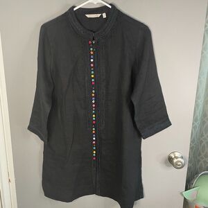 Soft Surroundings Womens Petite M Black Linen Desert Full Zip French Knot Tunic